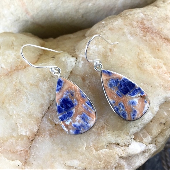 ORANGE SODALITE teardrop 925 sterling earrings - Picture 6 of 7